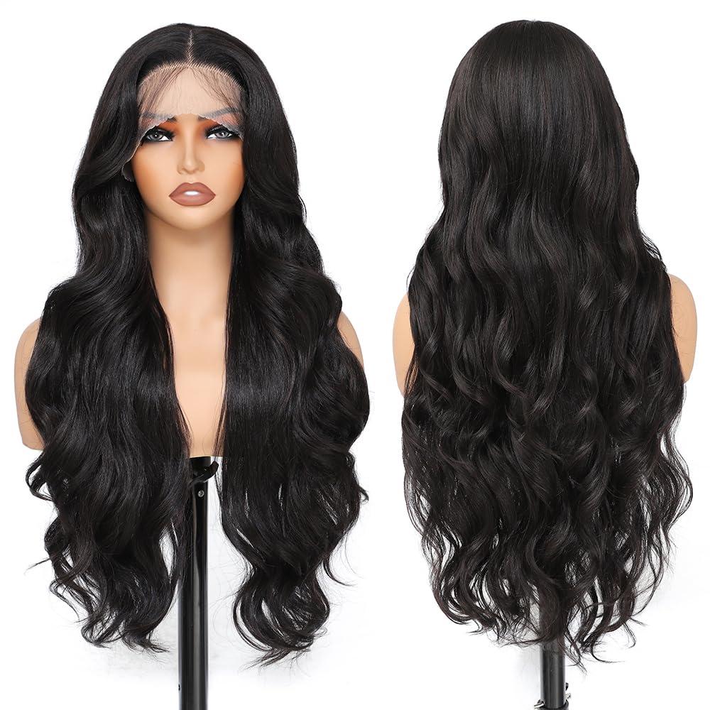 X-TRESS Black Lace Front Wigs Synthetic for Women,28Inch Wear and Go Glueless Body Wave Middle Part Front Lace Hairline Wig Pre-Plucked Heat Resistant Synthetic Wig for Daily Baby hair 1B black