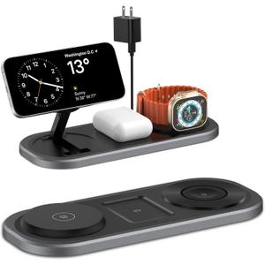 3 in 1 Fast Wireless Charger Stand for iPhone, Foldable Travel Charging Station for Magsafe for iPhone 17/Air/16/15/14/13/12 Series, Apple Watch Serie, AirPods pro/2/3/4, 2025 Christ mas Gifts (Black)