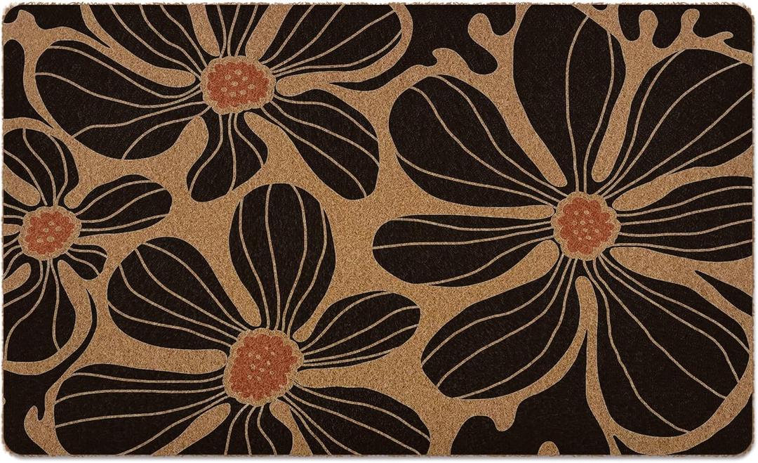 Boho Floral Door Mat, Black Coir Doormat, Flower Welcome Front Door Mat Indoor Outdoor Entrance for Camper, Botanical Rustic Artificial Doormat Rugs for Porch Entry Patio Kitchen 30x17in