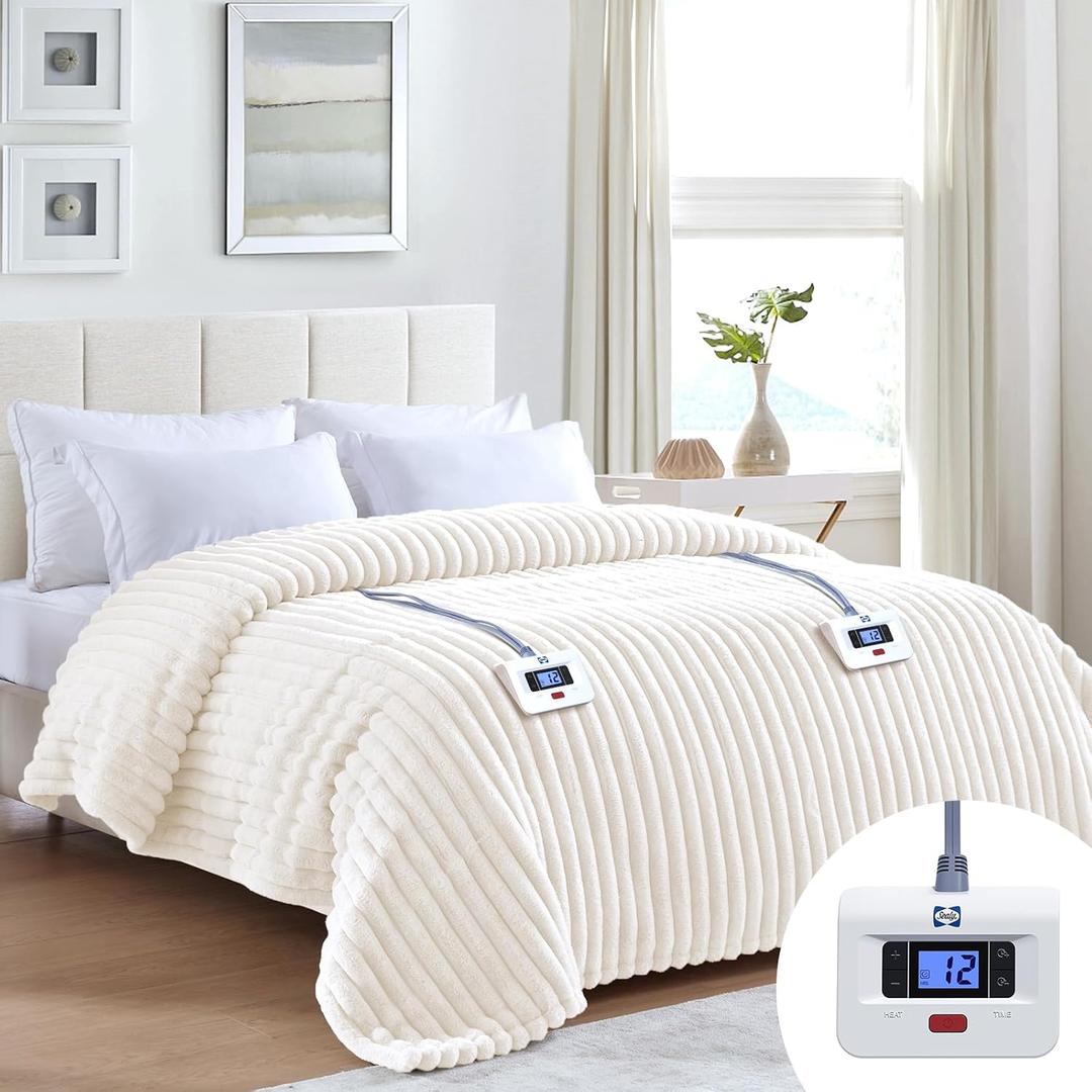 Sealy Electric Blanket Queen 84"*90",Super Cozy Faux Fur to Sherpa Reversible Heated Blanket Queen Size with 10 Heating Levels & 1-12 Hours Auto Off Overheating Protection Machine Washable,Beige