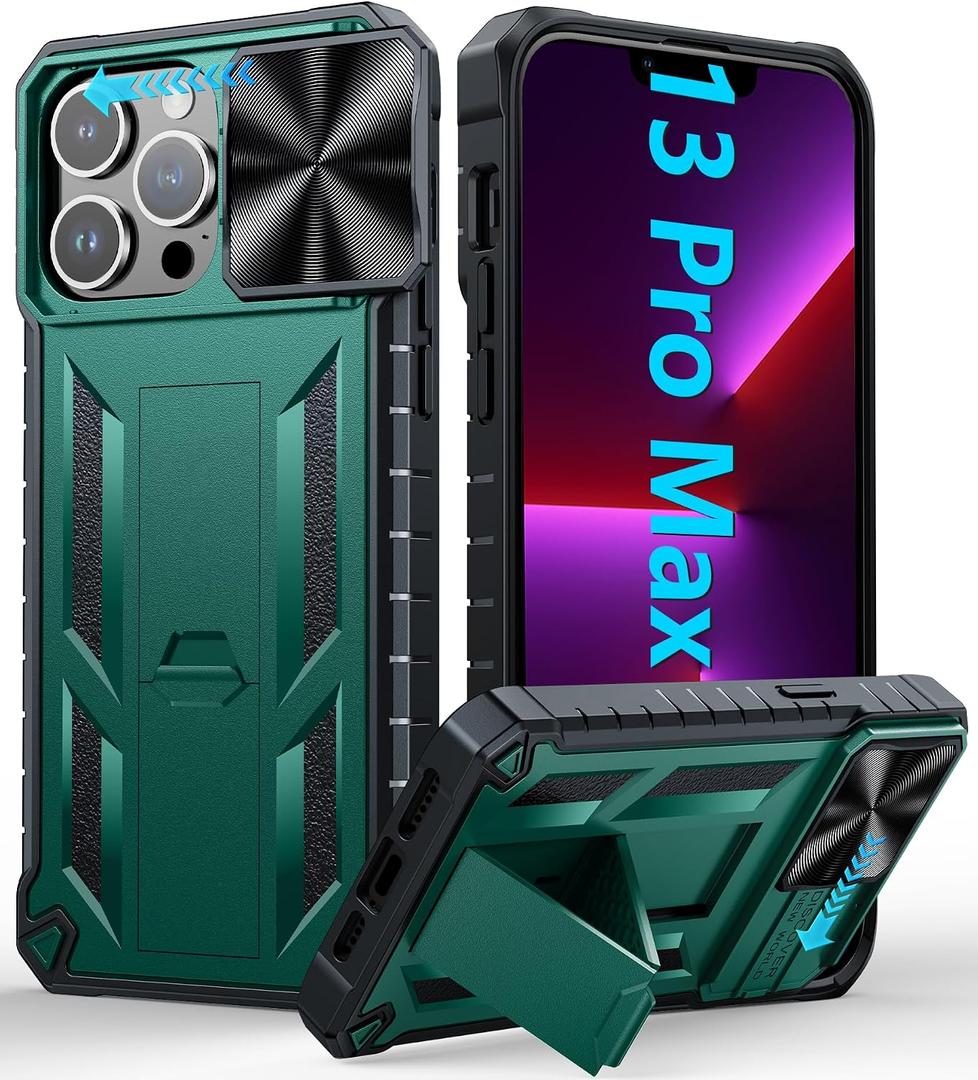 SOiOS for iPhone 13-Pro-Max Phone Case Cell Phone Cover Green | Military Grade, Dropproof, Protective, with Kickstand, Slider, Rugged, Heavy Duty, Protection, Phonecase