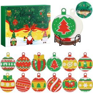 Jinei 12 Days of Christmas Advent 2025 Christmas Ball Diamond Painting Coasters Advent Calendar Art Xmas Ball Tree Bell Coasters Kits with Cork Bases Craft DIY for Adult Women Senior Beginner Supplies