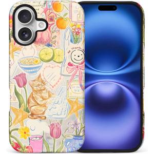 Goodsprout for iPhone 17 Case,Hybrid 2-Layer Hard Shell + Silicone Protective Case -Resistant Shockproof- Hand-Painted Floral Cat Collage