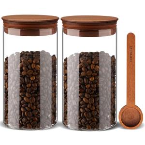 37 oz Coffee Canister with Scoop and Wooden Lids, Airtight Storage Container Sets of 2 for Ground Coffee & Beans, Glass Jars for Coffee Bar Organizer, Kitchen Countertop