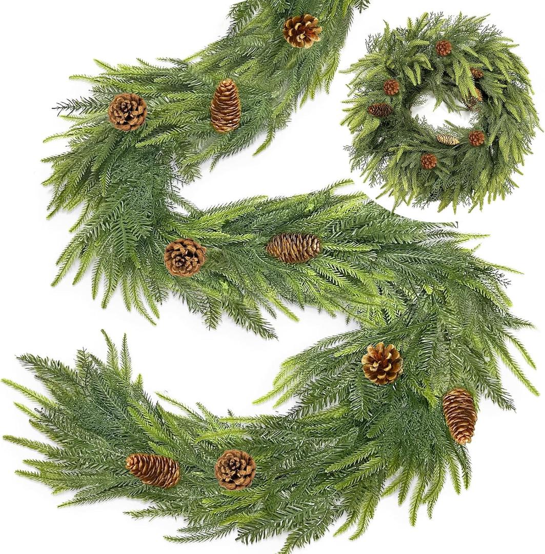 Extra Thick & Lush - 6 Ft by 12 Inch Christmas Garland Real Touch Norfolk Pine Garland with Pinecones Cypress Cedar Garland Artificial Realistic Soft Thickness Greenery Garlands for Home Mantle Table