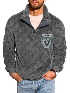 Yousify Mens Fuzzy Sherpa Sweatshirt Plaid Texture Fleece Pullover Coat Casual Quarter Button 2025 Graphic Pocket Outwear, Size XL