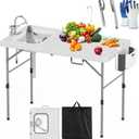HLPB Fold in Half Folding Fish Cleaning Table with Sink, Foldable Protable Camping Sink Table with Drainage Hose & Fish Cleaning Kit, Fish Fillet Cutting Desk for Picnic Patio Backyard BBQ, White