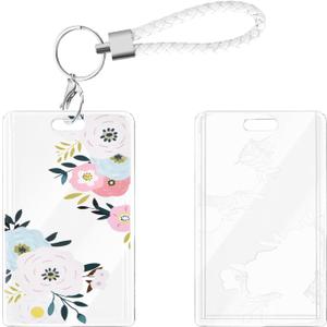 CameCosy ID Badge Holder with Lanyard Chain Keyring, Pretty ID Name Slide Badge Card Holder for Office/School ID Credit Cards Proximity Key Cards (White Rose Flower)