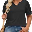 VISILILY Plus-Size-Womens-Summer-Tops 2025 Trendy Notch V Neck T Shirts Cute Lace Short Sleeve Tunics Casual Blouses XL-5XL (Black)