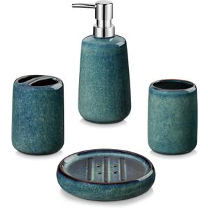 vancasso Green Bathroom Accessories Set, Ceramic Soap Dispenser and Toothbrush Holder Sets, Stoneware 4 Pcs Bathroom Sink Set for Modern Home Decor, Series Starry
