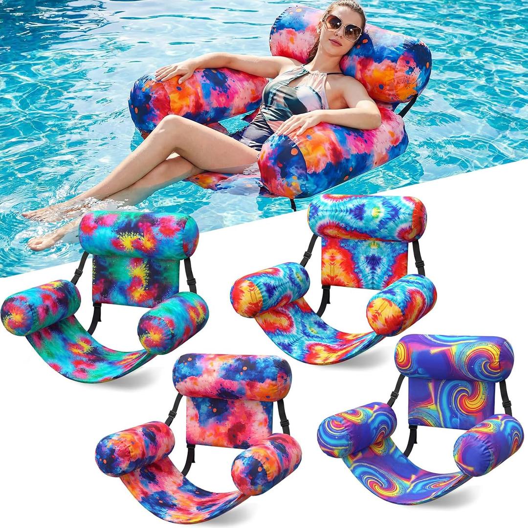 4 Pack Pool Floats Chairs Adult Inflatable Pool Lounge Chairs Aesthetic Adjustable Fabric Water Floating Hammock for Summer Beach Lake Backyard Parties