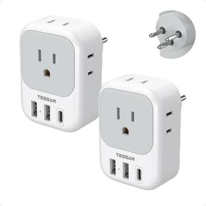TESSAN Israel Adapter Plug 2 Pack, 7 in 1 US to Israel Power Adapter with 3 USB Ports (1 USB C Port) 4 American Outlets, Type H Travel Adaptor for USA to Jerusalem