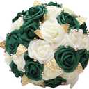 Handmade Wedding Bouquet Artificial PE Rose Bridal Bridesmaid Bouquet with Soft Ribbons Wedding Hand Holding Bouquet Artificial Fake Flowers Toss Bouquet(A-Emerald Green & Ivory, 9.1"/23cm)
