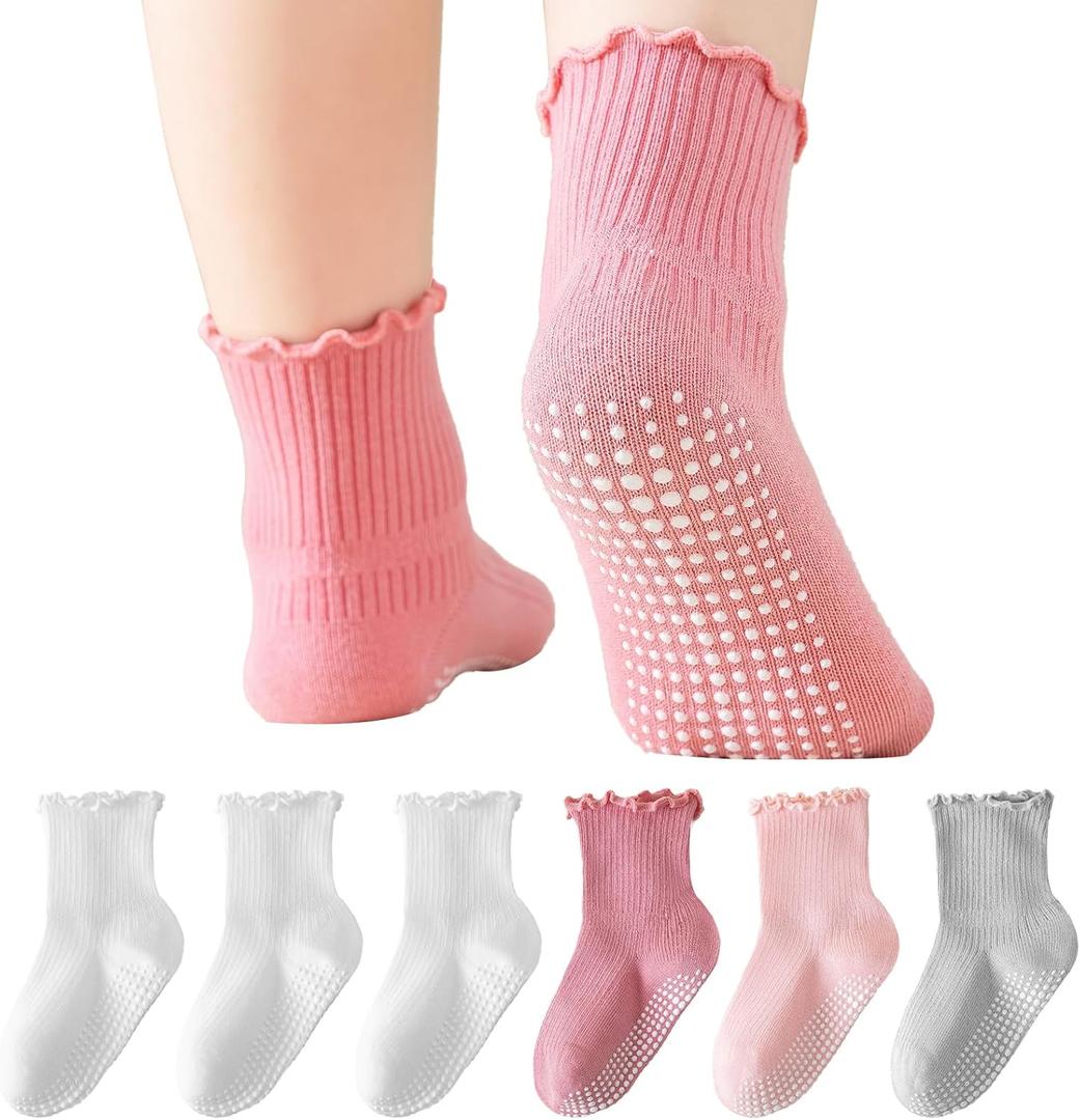 BISOUSOX Toddler Ruffle Socks for Girls, Baby Girl Grip White Frilly Grippy Non Slip Sock with Grips 0-6-12 Months 1-5T