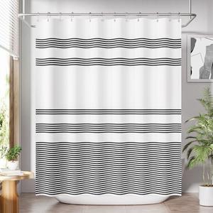 AmazerBath Shower Curtain, Striped Black Fabric Shower Curtain Set with 12 Shower Curtain Hooks, Rustic Cloth Black and White Curtain, Farmhouse Bathroom Shower Curtain Sets, 72x84 Inches