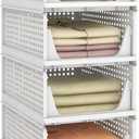 Pinkpum Stackable Plastic Storage Basket, Foldable Closet Organizers and Storage Bins 4 Pack Drawer Shelf Storage Container for Wardrobe Kitchen Bathroom Office Dorm White (4 Pack L)