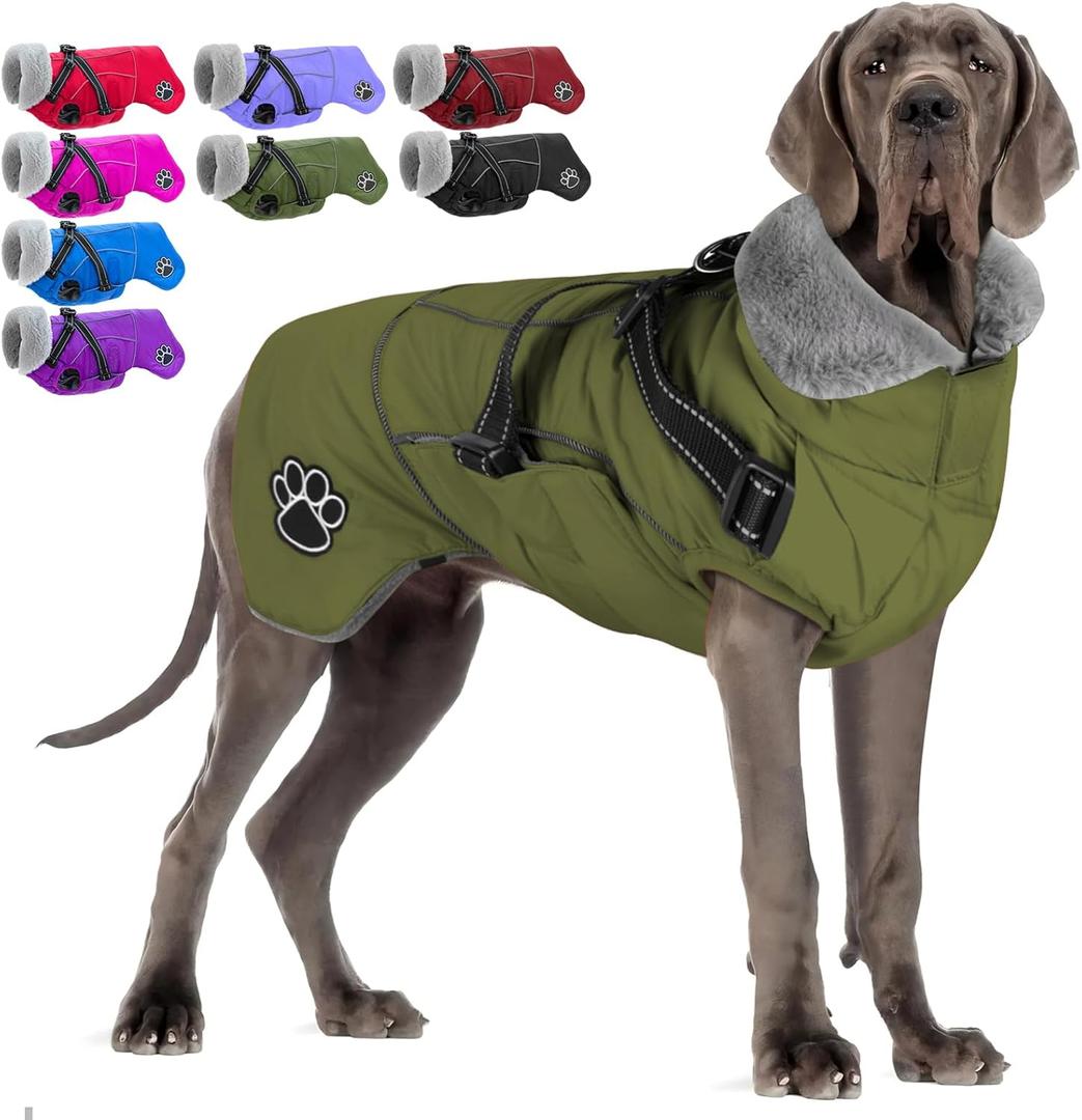 Doglay Dog Coat with Harness, Reflective Warm Dog Jacket Waterproof Puppy Winter Coat for Cold Weather, Adjustable Fleece Jacket for XXX-LArge (Army Green)