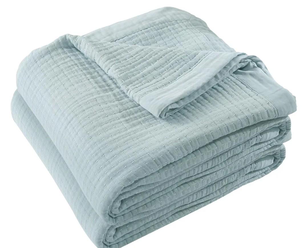 Cotton Muslin Throw Blanket for Summer Spring, Breathable and Lightweight Jacquard Muslin Blanket for All Season, Soft Gauze Blankets for Couch Bed Sofa, Blue, 50x60 Inches
