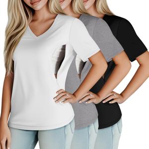 Huukeay 3 Pack Women's Maternity Nursing Tops, Hidden Zippers Breastfeeding Clothes V Neck Short Sleeve Pregnancy Shirts Tees(Black,Gray,White,Large) (L)
