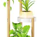 LASZOLA Bamboo White 3 Tier Heavy Duty Plant Stand Indoor, Tall Multiple Level Vertical Planter Rack for Modern Narrow Corner, Slim Spiral Flower Holder Organizer Display for House Decor, Plastic Tray
