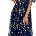 Crew Neck Floral Mother of The Bride Dress - A-Line Tea-Length Prom & Evening Gown with Short Sleeves Navy Blue 16 DR0590