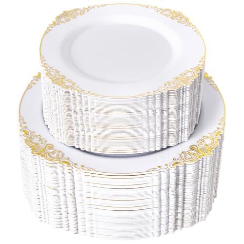 Joyido 200PCS White and Gold Plastic Plates - Gold Disposable Plates - Gorgeous Wedding Plate 10inch Dinner & 7.25inch Dessert Plate for 100 Guests for Wedding & Party