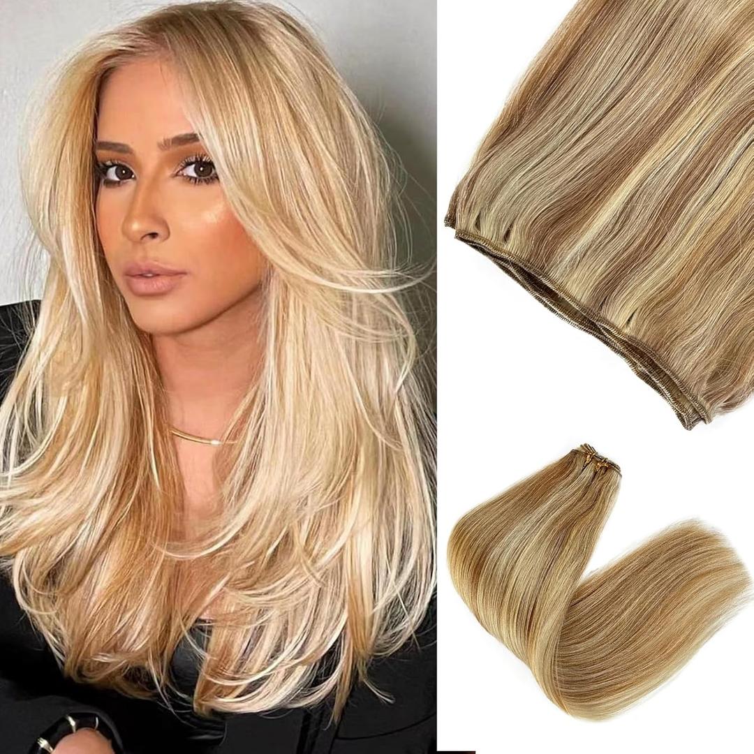 Smavida Blonde Hand Tied Weft Hair Extensions Golden Brown with Blonde Highlights Human Hair Sew in Hair Extensions Silky Straight Double Weft 12/613 Blonde Balayage Bundles for Sew in 14Inch