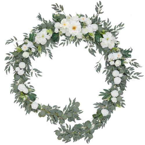 TINGE TIME 9FT Artificial Flower Garland, Handcrafted Eucalyptus Garland with Flowers, Floral Vine for Wedding Decoration Reception Sweetheart Table (Ivory White)