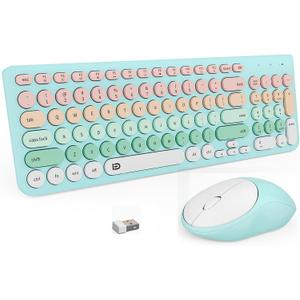 FD Wireless Keyboards and Mouse Combo - 2.4GHz USB Cordless, Cute Wireless Keyboard Round Keys, Quiet and Slim Set for Laptop, Computer, TV and Mac - Blue Pale Green Colorful