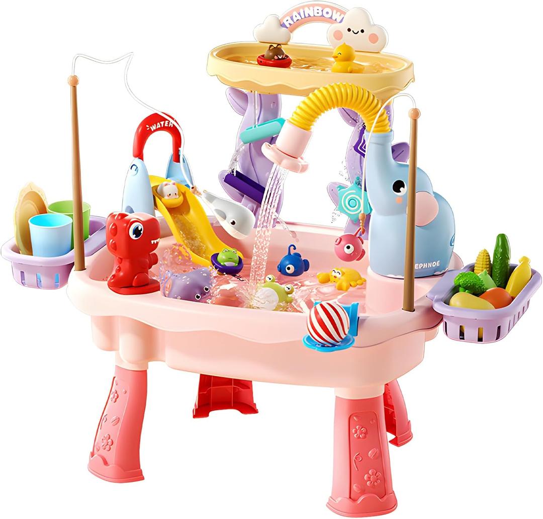 2027 Upgraded 4-in-1 Water Table for Toddlers 2-3, Kids Sensory Table with Electric Water Pump & Faucet, Kitchen Play Sink Toys with Food Accessories, Fishing Toy (NEW Pink)