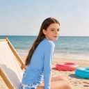 Girls Bathing Suit Two Piece Ruched Long Sleeve Rash Guard Print Design Swimsuit Size 6-14Y (Blue, S)