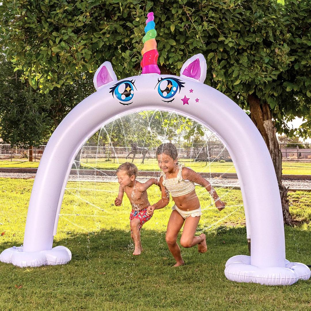 Sloosh Inflatable Ride a Unicorn Costume Sprinkler Arch - Water Toys Sprinkler for Kids Outdoor Play, Summer Water Party Supplies Backyard Outside Games Activities 82"65
