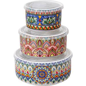 Henten Home Ceramic Serving Bowls with Lid, Boho Nesting Bowl Set of 3, 10/20/32 oz