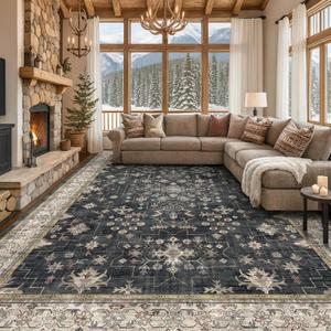 Black Boho Rug for Living Room 9x12 - Washable Dining Room Rugs for Under Table, Vintage Soft Low Pile Carpet for Bedroom, Non-Slip Farmhouse Bohemian Large Tumble Rug for High Traffic Area (Ashen / Multi)