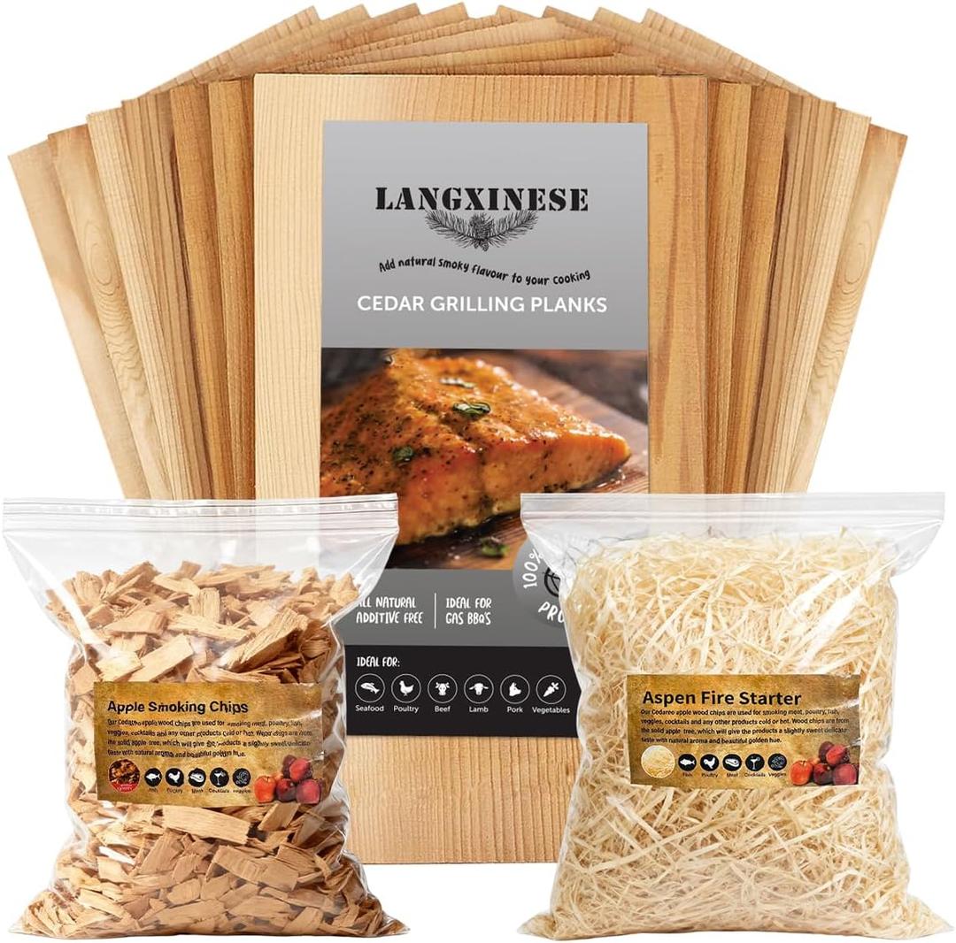 Bigger 12 PK, Cedar Planks For Grilling Salmon,11"x 5.5" Better Smoking, Add Best Smoky Flavor To Salmon, Veggies, Restaurant Quantity Plus 1 Bag Hickory Smoking Chips+ 1Bag Fire Starter Fiber,