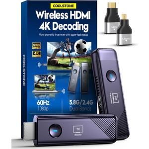 Wireless HDMI Transmitter and Receiver 4K Decode 1080P@60Hz Output,Plug & Play 5.8G+2.4G Wireless HDMI Remote Control Extenders for Movie/Meeting/Outdoor/Travel