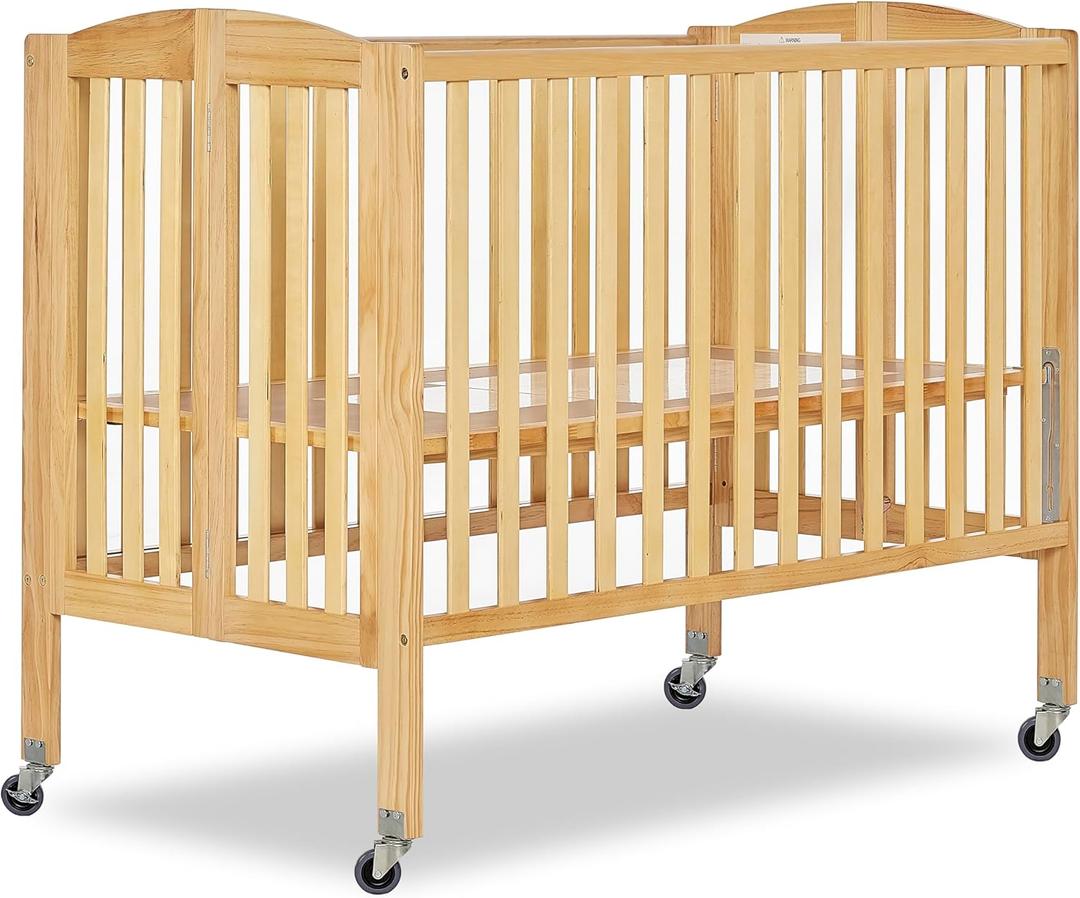 Dream On Me Folding Full-Size Convenience Baby Crib in Natural, Green Guard Gold & JPMA, Portable, Patented Quick Folding System, Heavy Duty Wheels, 2 Adjustable Mattress Heights (54"L x 31"W x 46"H)