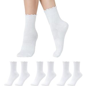 2 x COOLMATE 3 Pairs Womens Ruffle Socks, Cute Cotton Blend Crew Socks, Turn-Cuff Frilly Ankle Socks For Women