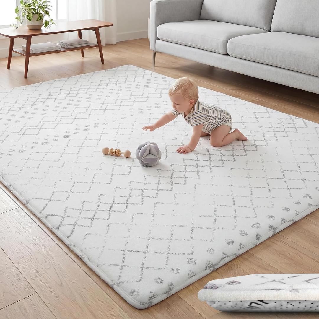 Huloo Sleep Baby Play Mat for Floor - 79x118 Inches 1.3" Thick Elasti-Foam Playpen Mat for Toddlers Infant Kids, Water-Repellent Nursery Rug, Non-Slip Backing for Crawling & Tummy Time, Casablanca