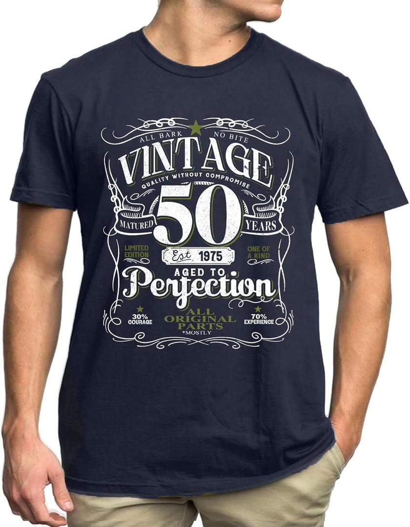 50th Birthday Shirt for Men Born in 1975 Gifts T Shirt for Him Vintage Aged to Perfection Tee Tops (Medium, Darkblue)