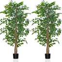 6ft Artificial Ficus Trees in Pot Pack of 2 Lifelike Silk Leaves Natural Wood Trunk, Faux Plants Potted Indoor Outdoor Home Decor, Fake Floor Tree for Wedding, Home, Office, Living Room