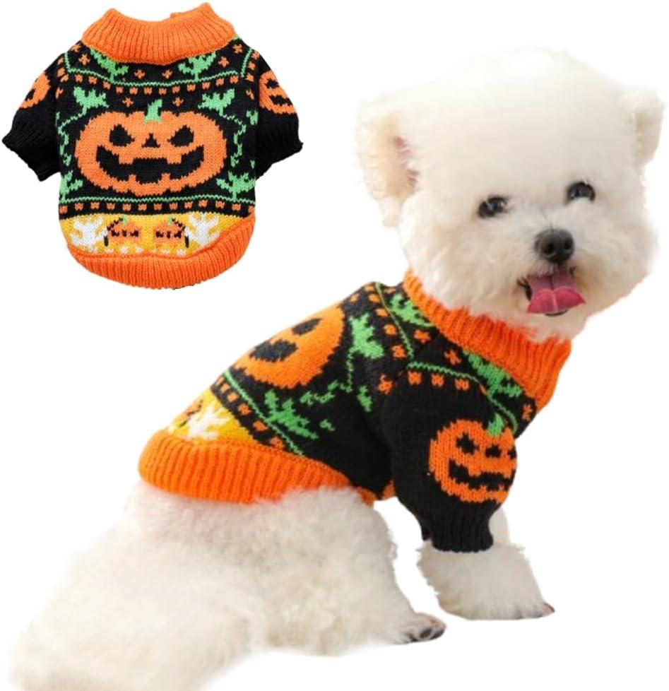 ANIAC Halloween Small Dog Sweater Pumpkin Cat Turtleneck Knitwear Warm Pet Halloween Costume Pumpkin cat Outfit Holiday Puppy Dog Clothes for Girl Boys (Black+Orange, Small)