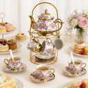 20 Pcs Porcelain Tea Set with Metal Holder, 700ml/23oz European Ceramic Tea Set for Adults, Adult Tea Set Gift, Flower Tea Cup Saucer Set for Party With Gold Flower Painting (Elegant Purple/700ml)