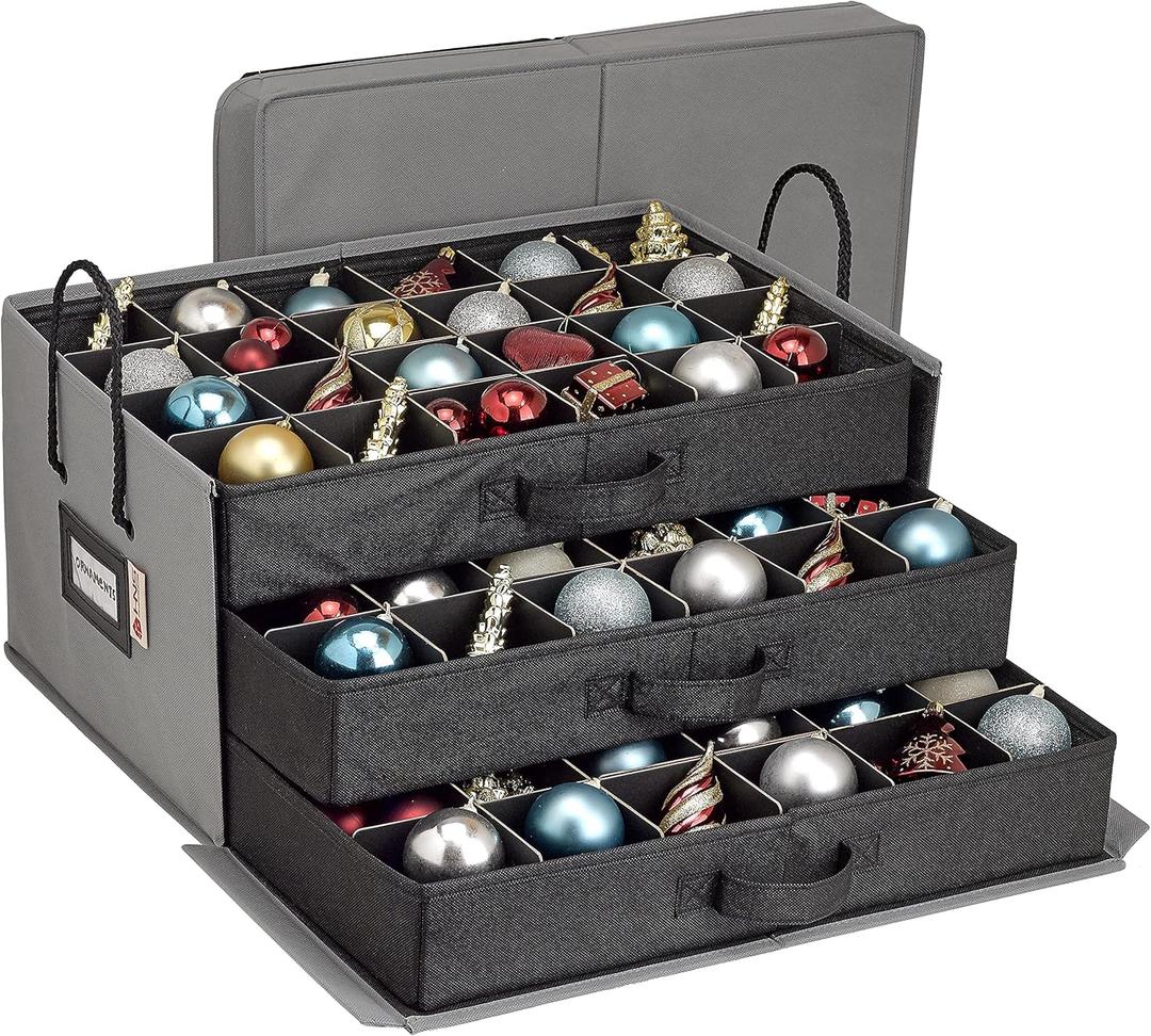HOLDN STORAGE Christmas Ornament Storage Box with Dividers, Holds 72 Ornaments (3 Inch), Large Ball Storage Container with 3 Removable Trays, Durable and Portable - Gray