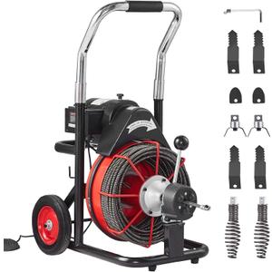 VEVOR Drain Cleaner Machine 100FT x 3/8 Inch, Auto Feed Sewer Snake Auger on Wheels, 370W Portable Drain Cleaning Machine with 8 Cutters & Air-activated Foot Switch for 2" to 4" Pipes