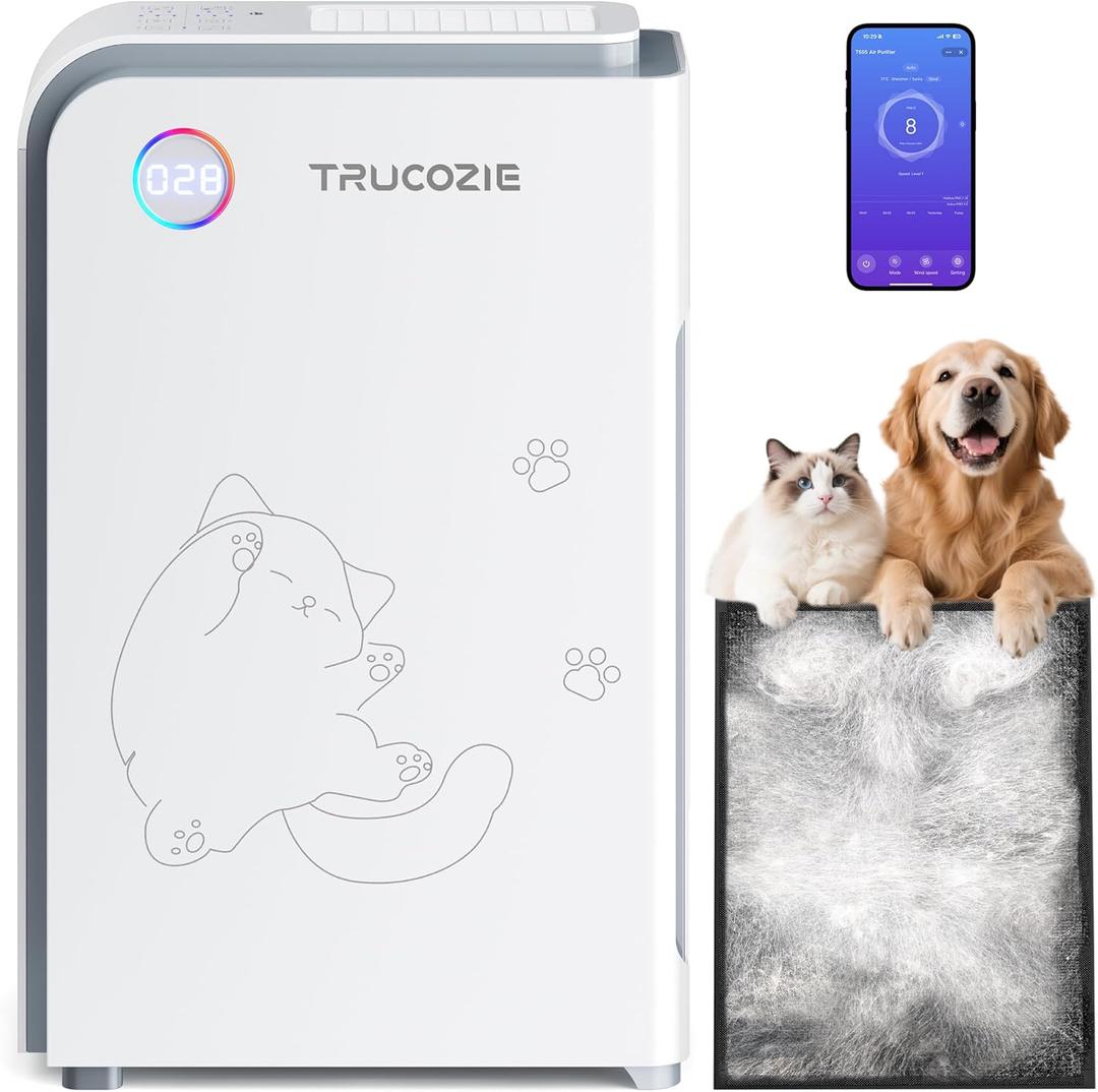 Trucozie Large Pet Air Purifier for Home up to 3000 Ft, Absorbs Floating Cat and Dog Hair, Smart WiFi, 3-in-1 Filter with Anion, Activated Carbon & HEPA for Pet Allergy, Smoke, Dust