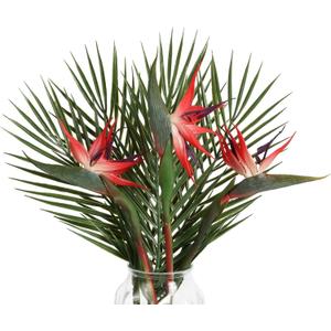 Bird of Paradise Artificial Plant Combo Palm Leaves,Faux Bird of Paradise Plant with Artificial Palm Leaves for Wedding Garden Office Home Indoor and Outdoor Decor(Red)