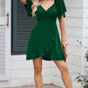 Dokotoo Women's Wrap V Neck Short Flared Sleeve Wedding Guest Dress Smocked Elastic Waist Tiered Belted Ruffle Hem Mini Dress (Green)