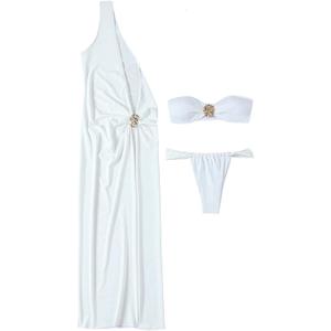SOLY HUX Women's 3 Piece Swimsuit Bandeau Bikini Set Bathing Suit with Cover Up Dress Solid White X-Small