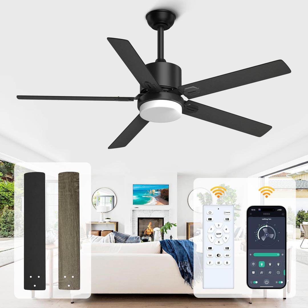 Alescu Black Ceiling Fans with Lights - Outdoor Ceiling Fan with Remote/APP Control, 52 Inch Modern Ceiling Fan for Patio, Bedroom Living Room